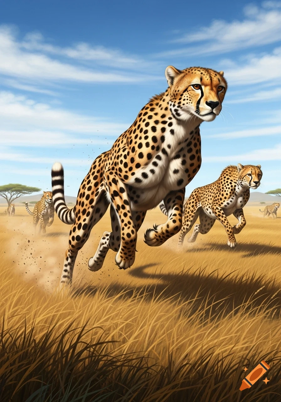 Muscular cheetahs race through a golden savanna, kicking up dust under a bright blue sky with clouds.