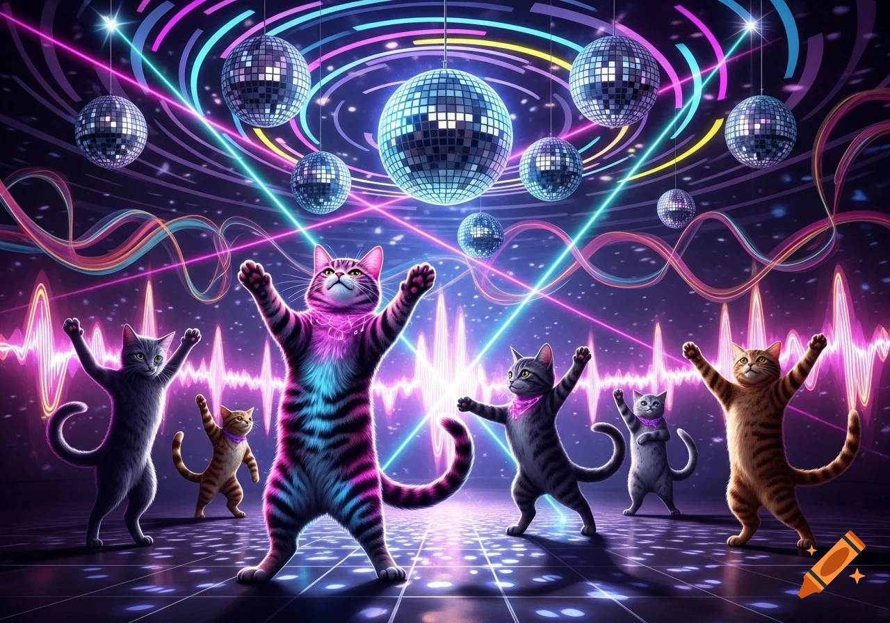 Several cartoonish cats dance with raised arms on a glowing floor under disco balls and neon laser lights.