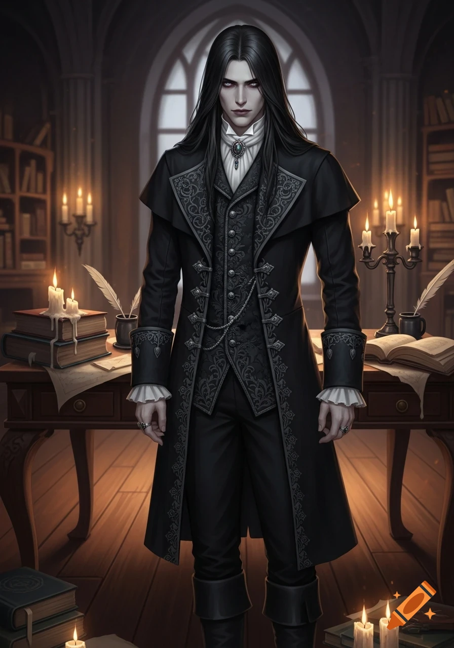 A pale man with long black hair wearing an ornate black historical coat and vest stands in a dimly lit, candlelit study with books and a gothic window.
