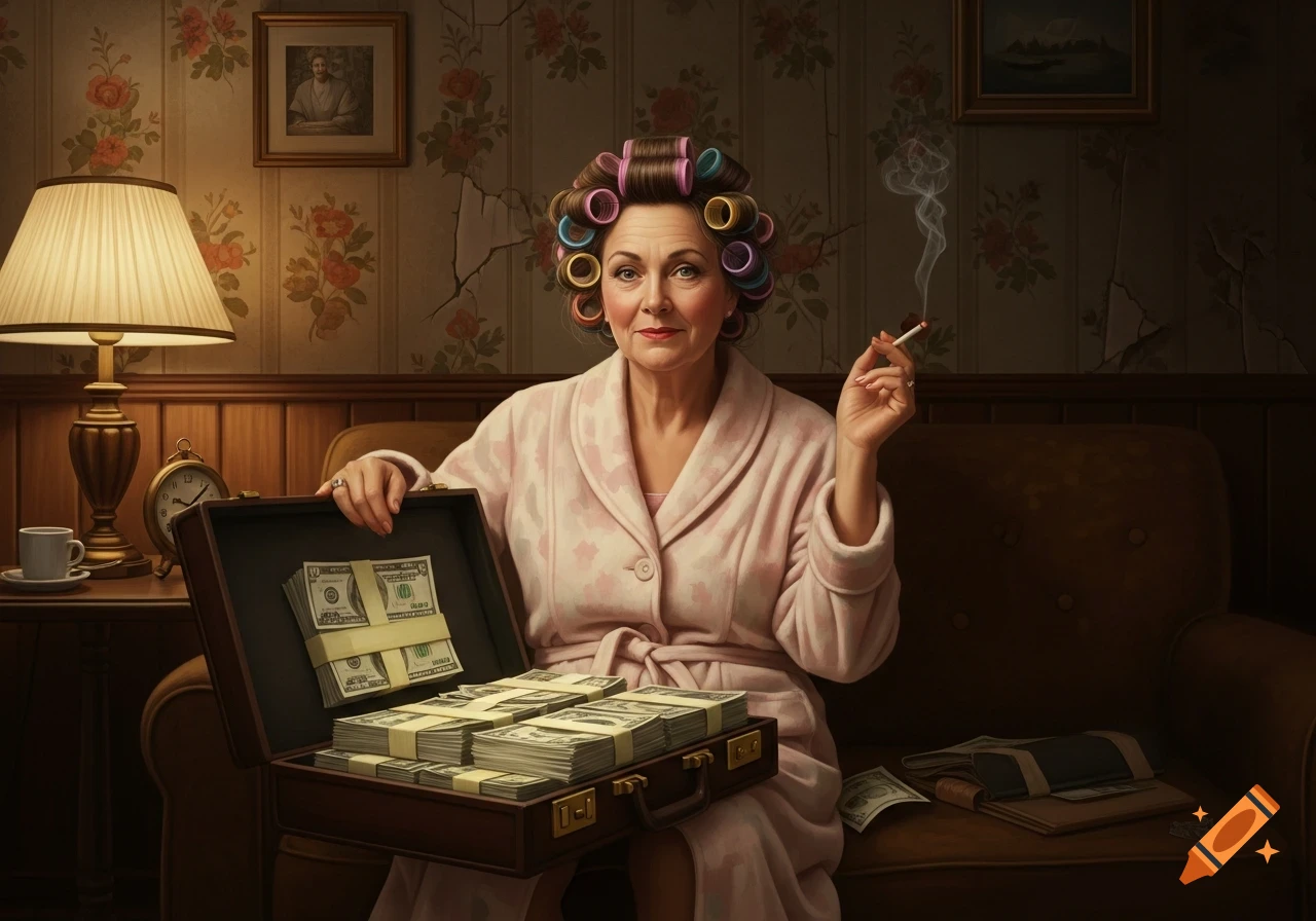 A woman in a pink bathrobe with hair rollers and a cigarette sits with an open briefcase full of cash.