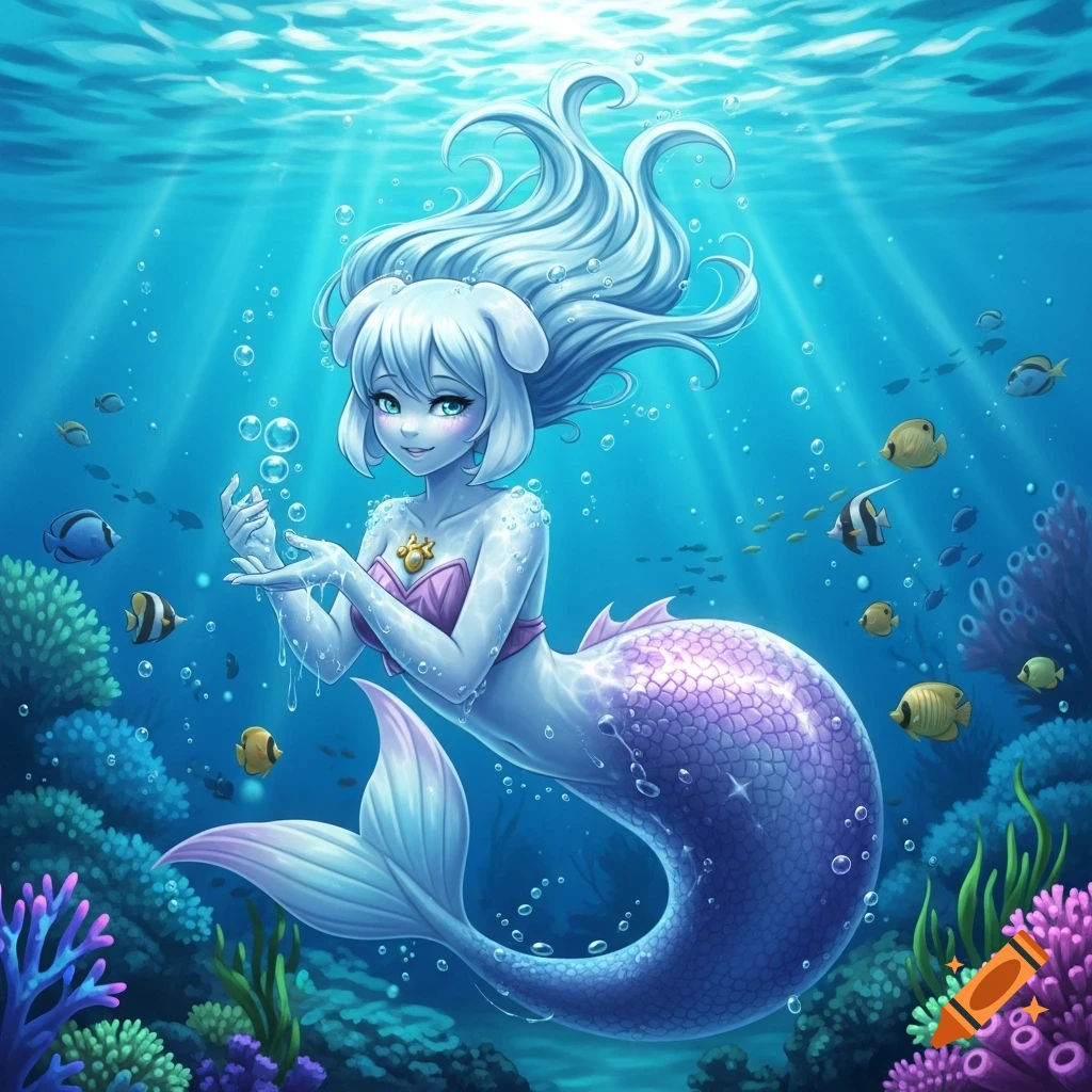 An anime-style Toriel-like mermaid with white hair and a purple tail floats underwater, surrounded by coral and fish.