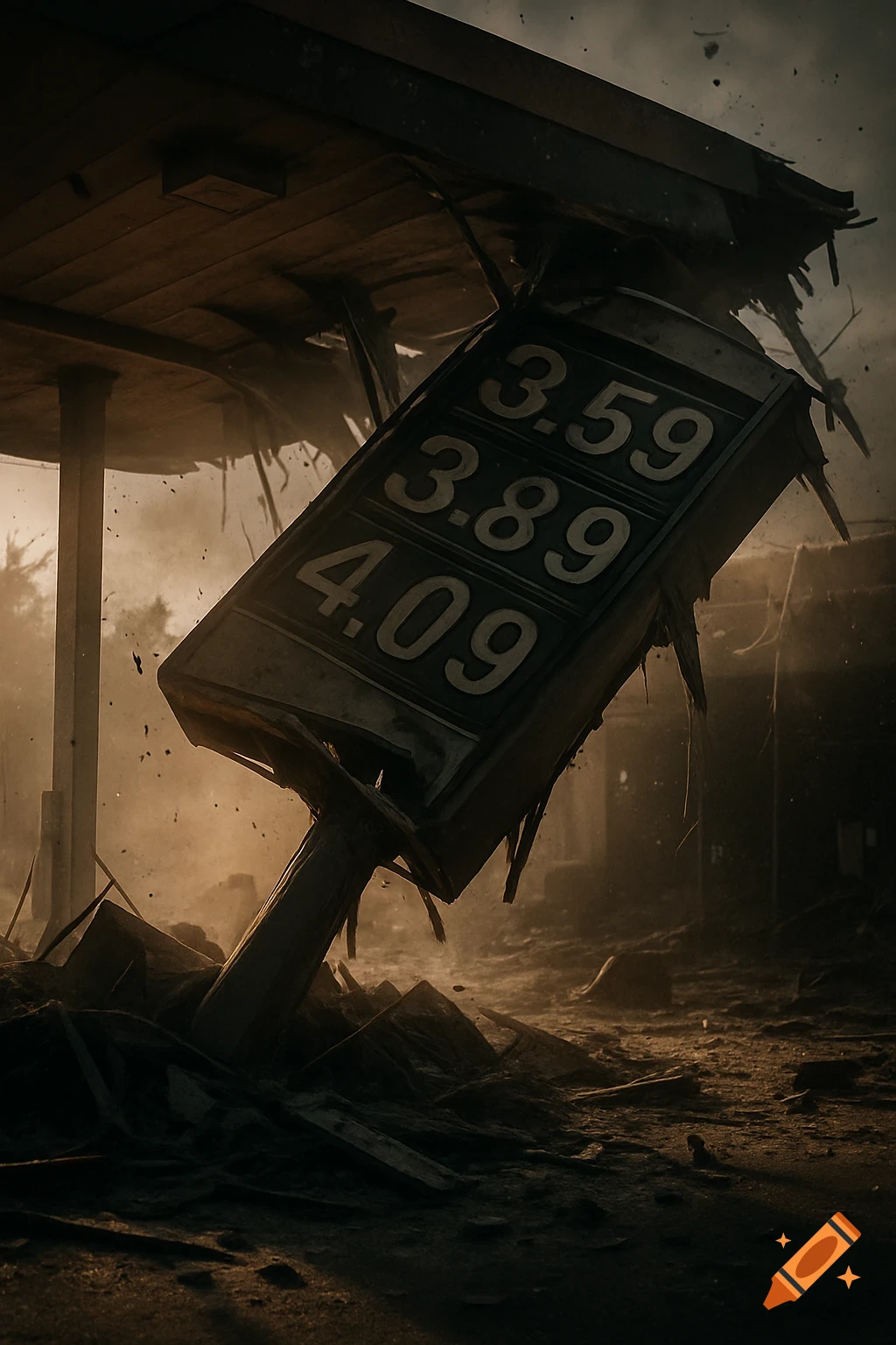 Hyper-realistic view of a destroyed gas station, a tilted sign shows prices 3.59, 3.89, 4.09, amidst debris and dust.
