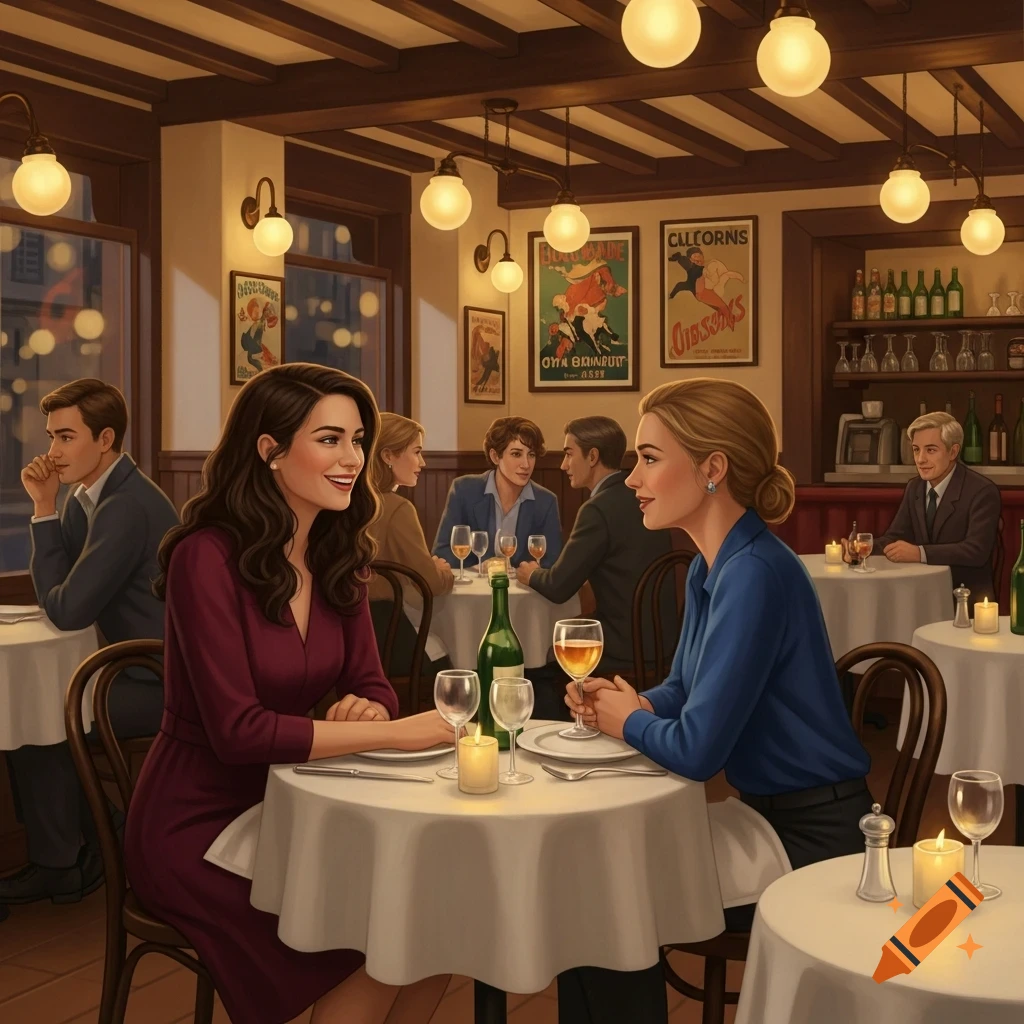 Two women dining at a cozy, dimly lit restaurant, conversing at a table with wine and candles, while other patrons are in the background. Illustrated style.