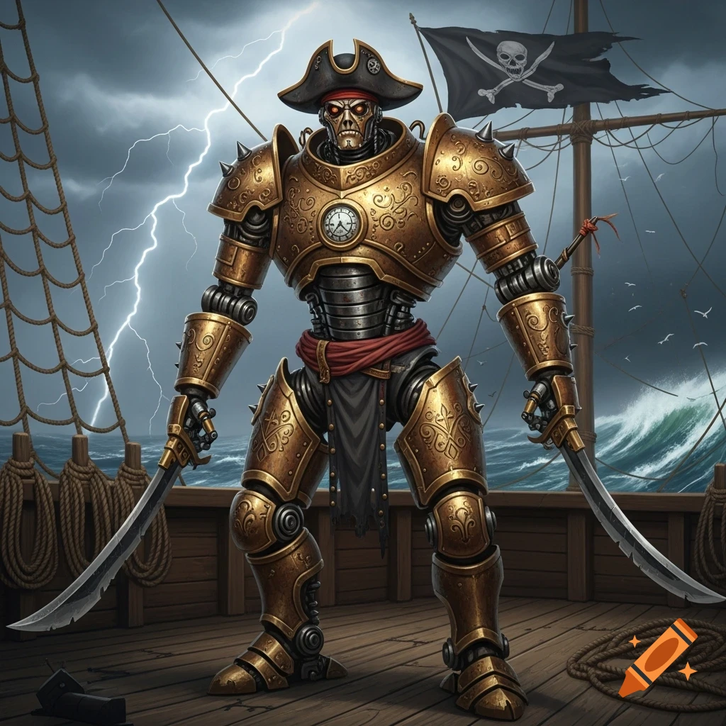 A brass clockwork pirate robot in a tricorn hat stands on a ship's deck, holding two swords under a stormy, lightning-filled sky.
