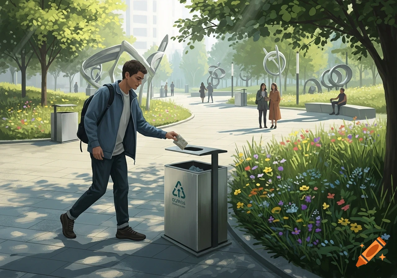 A person with a backpack drops trash into a recycling bin in a sunny park with trees, flowers, and modern sculptures, in an illustrative style.