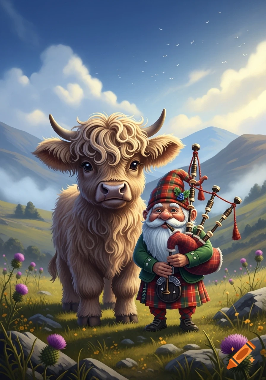 A cute baby Highland cow and a Scottish gnome in a kilt with bagpipes stand in a field of thistles in the highlands.