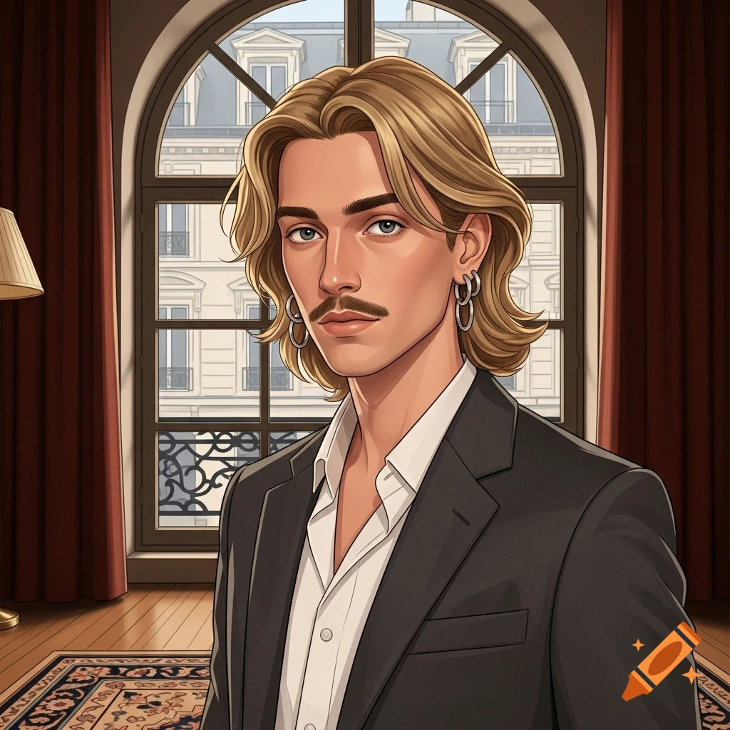 A stylized portrait of a man with blonde wavy hair, a mustache, and hoop earrings, wearing a suit in front of a window overlooking a city.