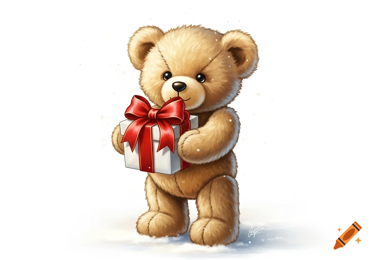 A cute fluffy brown teddy bear holding a white gift box with a red bow, standing on snowy ground against a white background. Illustration.