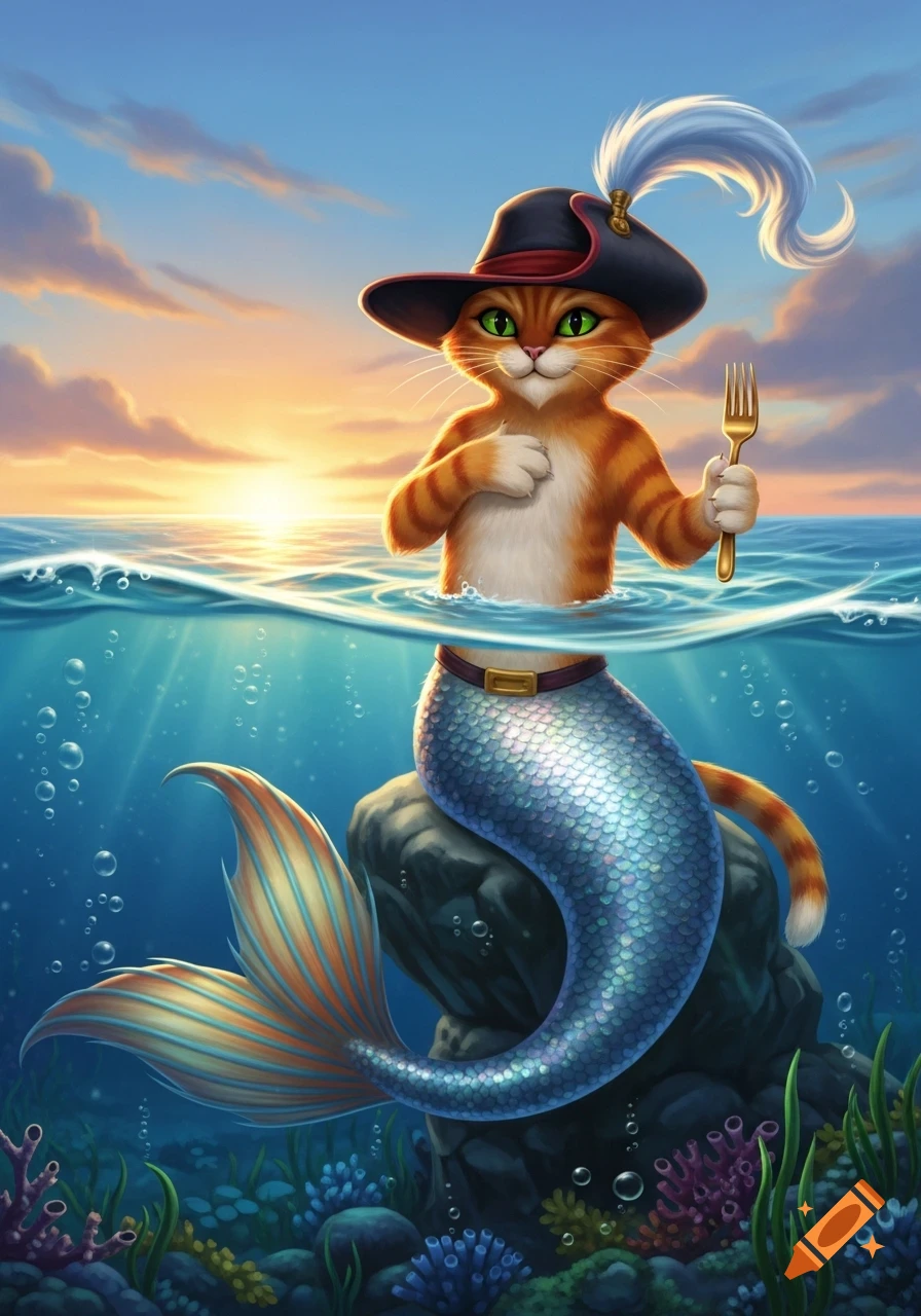 Cartoon Puss in Boots as a mermaid, half submerged in the ocean at sunset, sitting on a rock, holding a fork.