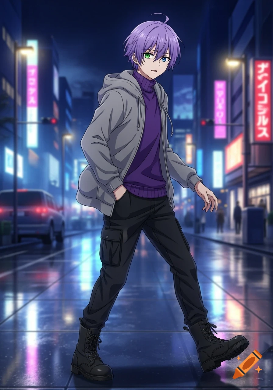 Anime-style boy with purple hair, green and blue eyes, grey hoodie, and black cargo pants walks in a neon-lit city street at night.
