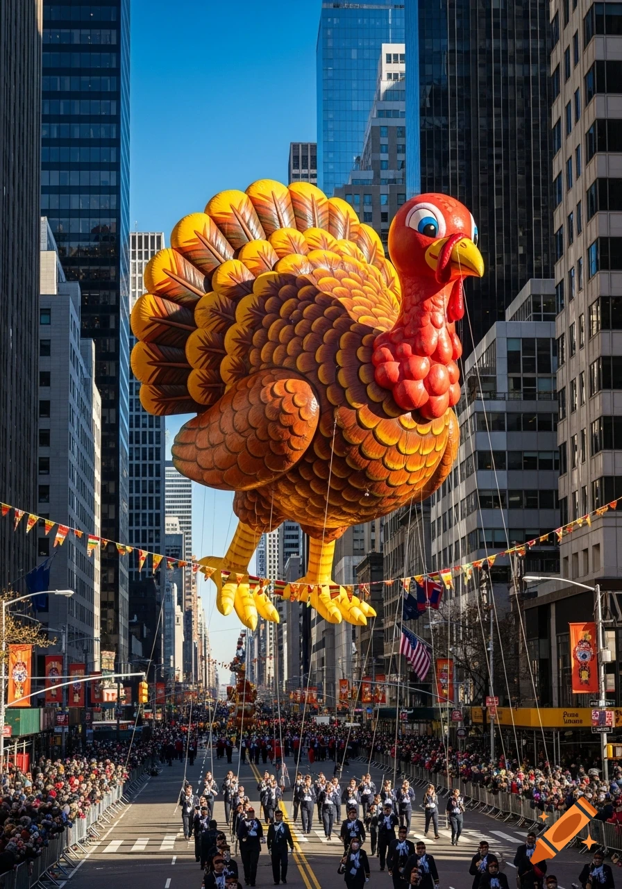 A giant turkey balloon floats high above a city street filled with a parade, marchers, and spectators during the Macy's Thanksgiving Day Parade.