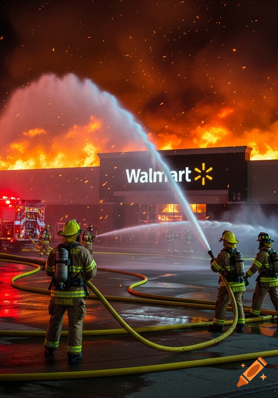 Firefighters battling a large fire engulfing a Walmart store at night, with water hoses spraying into huge flames and smoke.