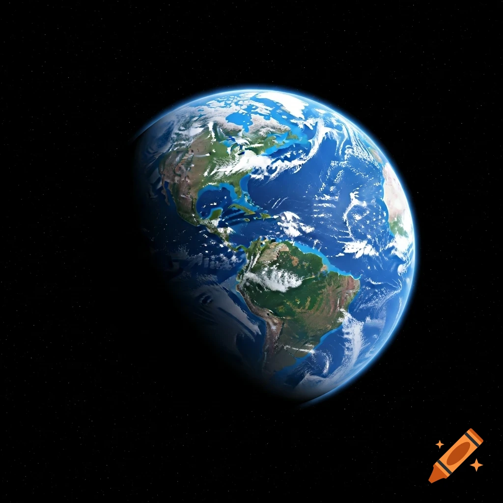 A photorealistic view of the Earth from space, showing continents, oceans, and clouds against a dark starry background.