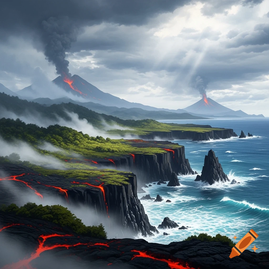 A dynamic view of a volcanic island coastline with lava flowing into the sea, towering cliffs, and two erupting volcanoes under a dramatic cloudy sky.