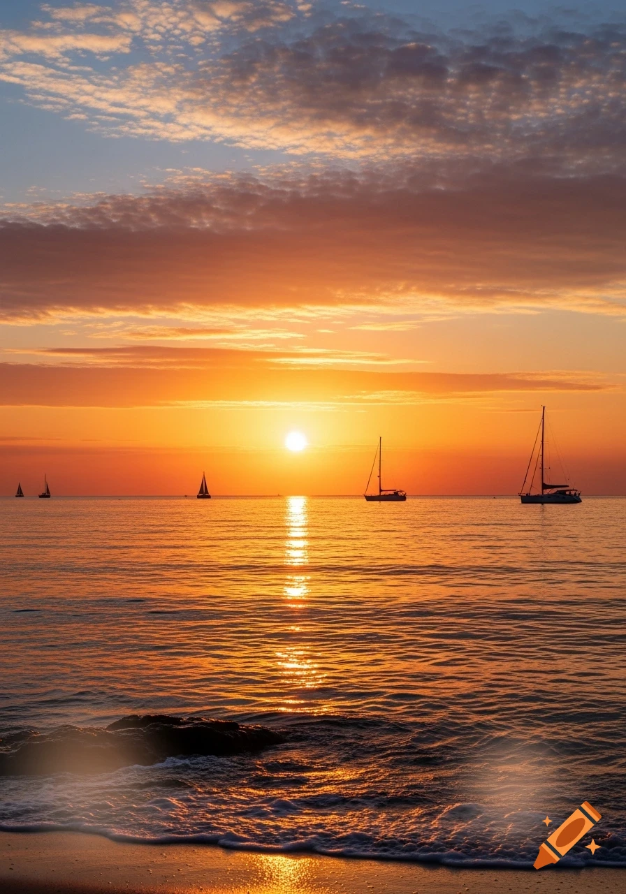 A vibrant sunset over a calm sea, with sailboats silhouetted against the orange sky, and gentle waves on a sandy beach.