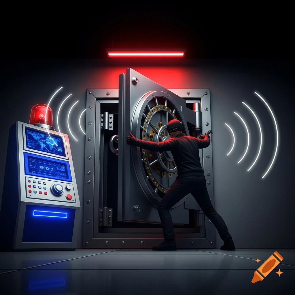 A masked thief opens a large vault door next to a flashing alarm console in a dark room.