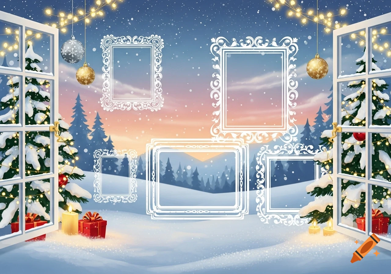A festive Christmas window scene looking out onto a snowy landscape with decorative frames, lights, candles, and gifts.
