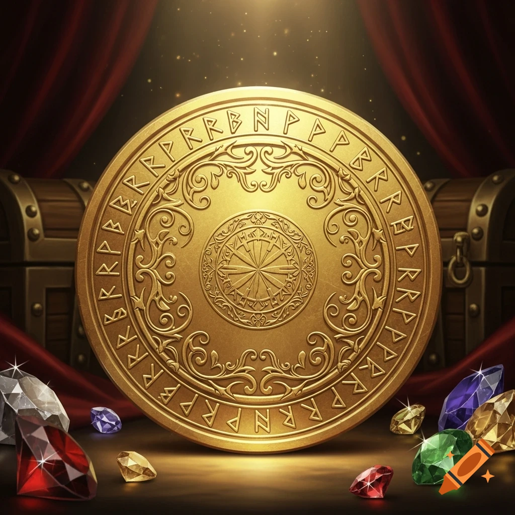 A large, ornate golden coin with ancient runes on its border, surrounded by colorful gems and treasure chests on a dark surface with red drapes.