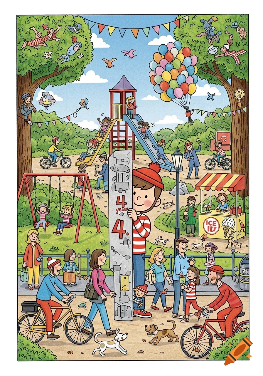 Detailed cartoon illustration of a bustling park scene with many people, children playing on slides and swings, and a boy in a red and white striped shirt peeking from behind a pillar.