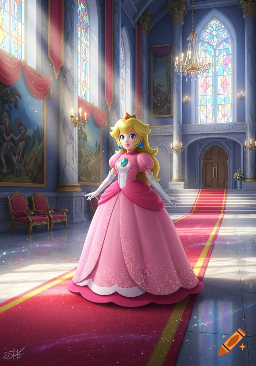 Princess Peach stands in a regal pink gown in a grand, sunlit castle hall with stained-glass windows and a red carpet.
