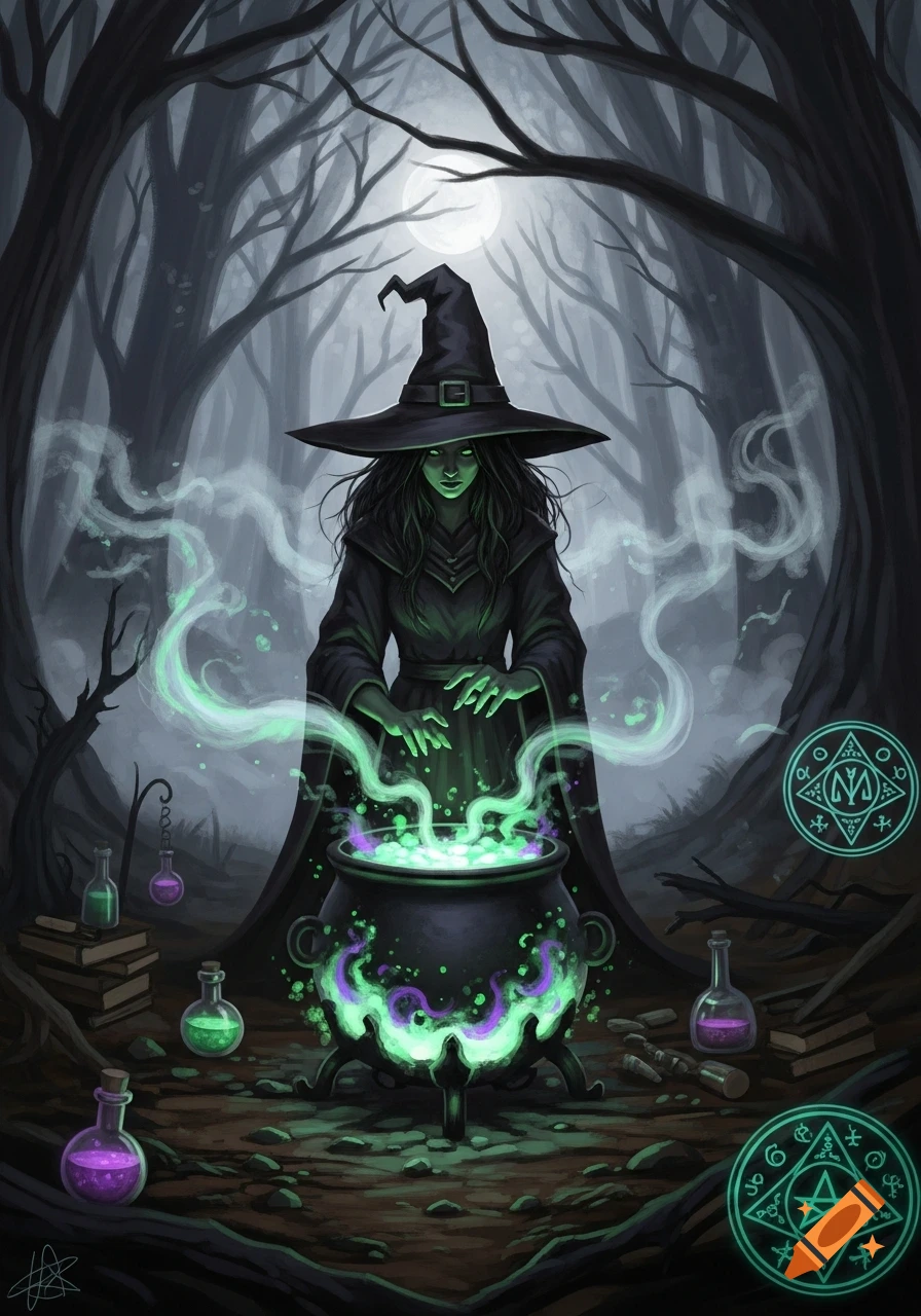 A dark art illustration of a witch in a black pointed hat and cloak stirring a glowing green cauldron in a moonlit forest. Various potions and magical symbols surround her.