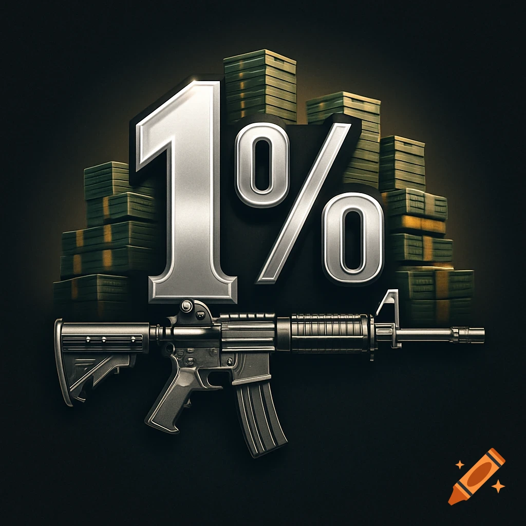 A stylized silver '1%' symbol with stacks of money behind it, and an AR-15 rifle below on a dark background.