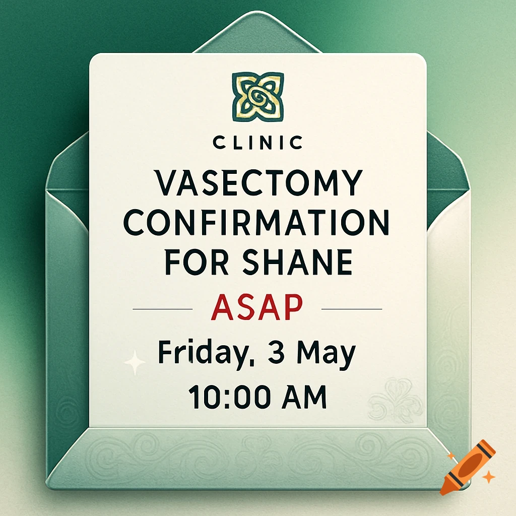 A stylized confirmation card for a vasectomy for Shane, reading 'ASAP Friday, 3 May 10:00 AM', enclosed in a green envelope.