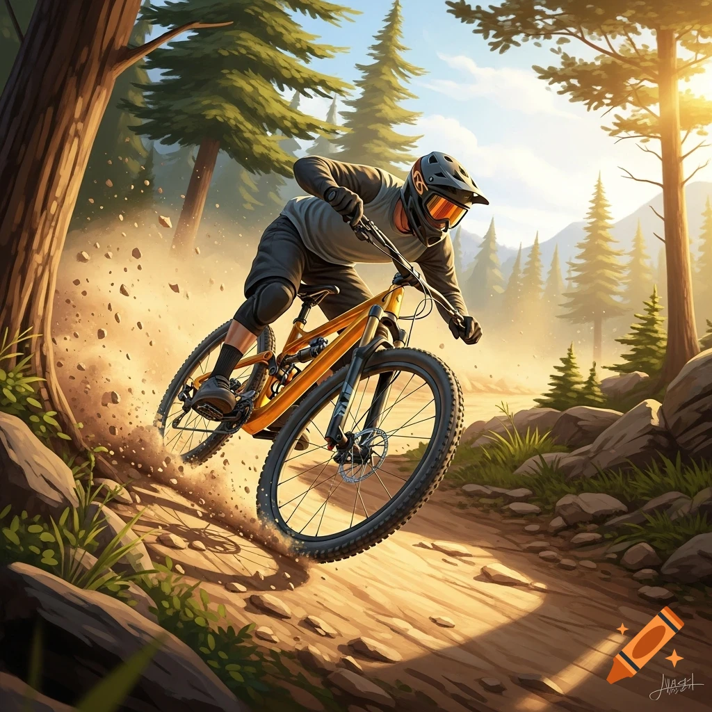 Mountain biker on a gold bike kicking up dust while riding down a sunlit forest trail, digital illustration.