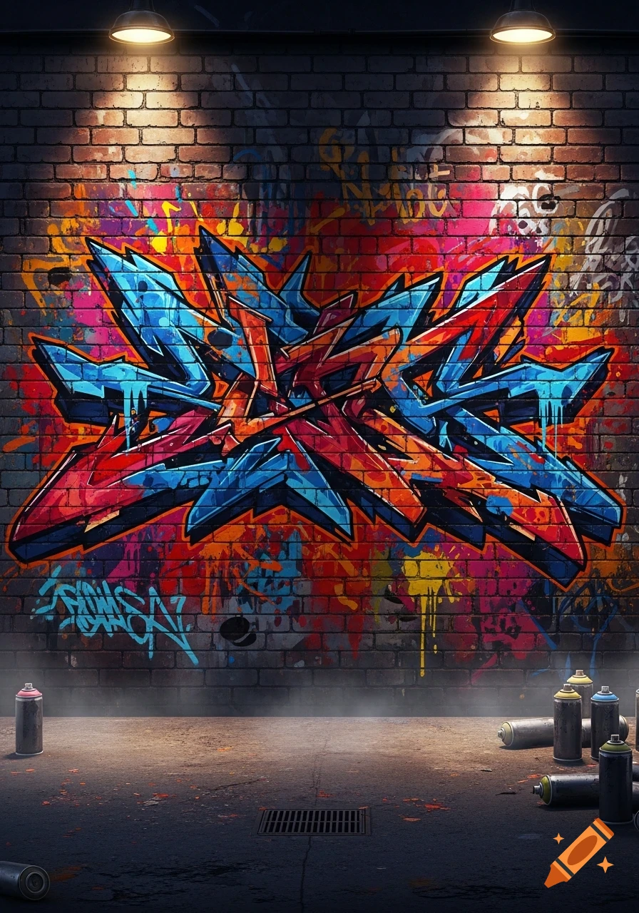 Vibrant blue and red graffiti on a dark brick wall under overhead lights. Spray cans lie scattered on the wet ground in an urban art style.