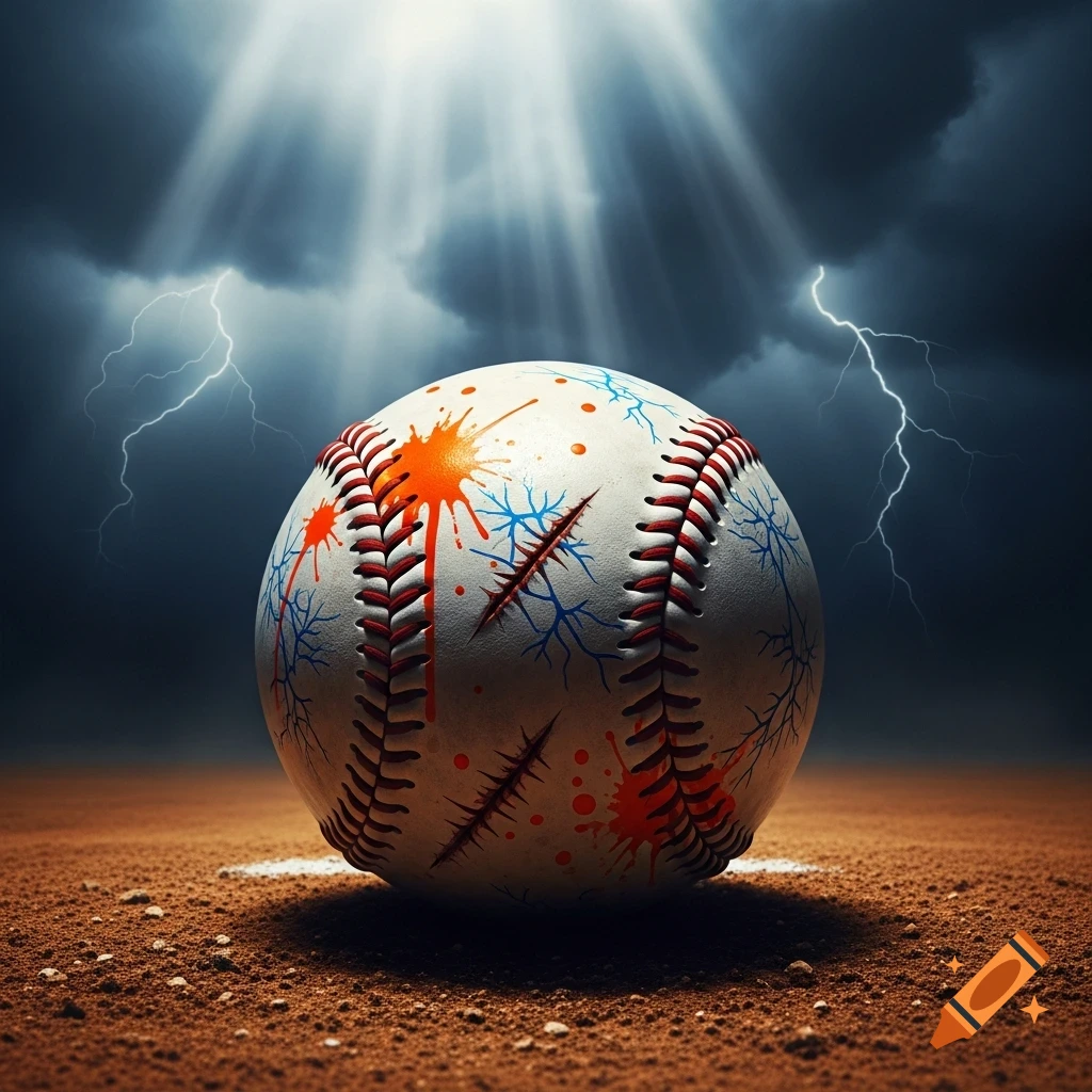 A dramatic image of a baseball with orange splatters and blue vein-like scars on a dirt field under a stormy, lightning-filled sky.