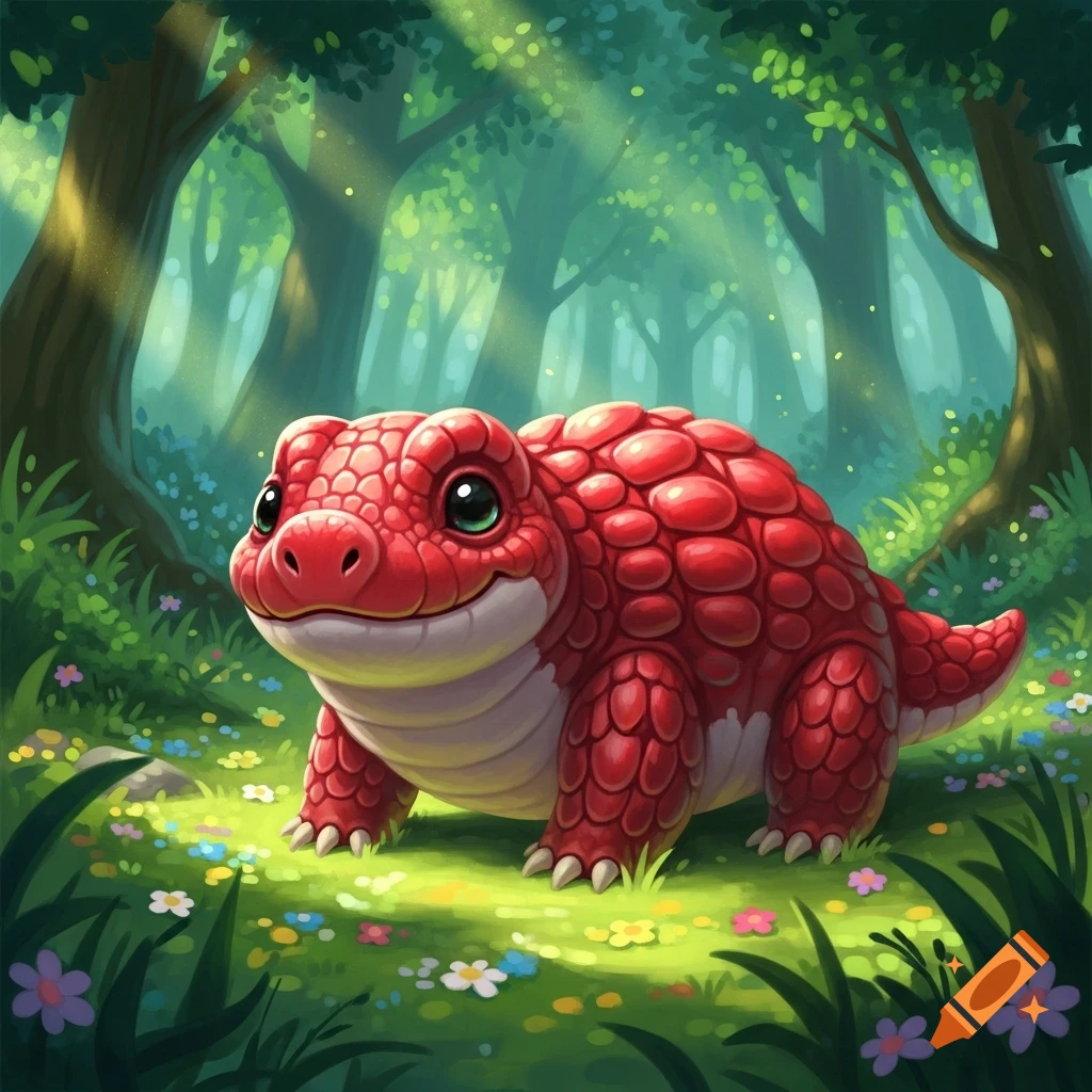 A cute, red, scaly fantasy creature with big green eyes smiles in a lush green forest with dappled sunlight.