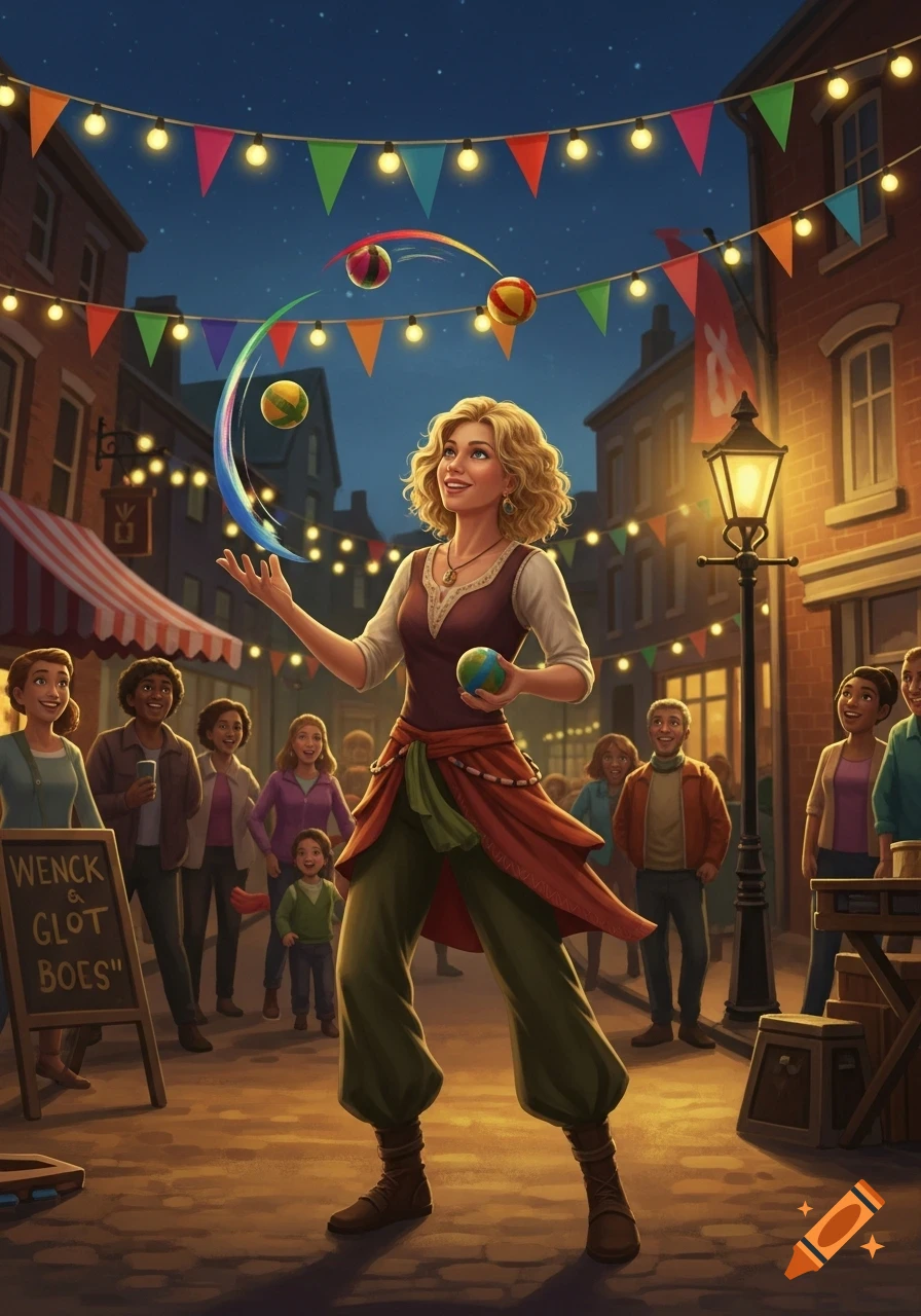 A smiling blonde woman juggles colorful balls at a lively street festival illuminated by string lights at night, with a crowd watching.