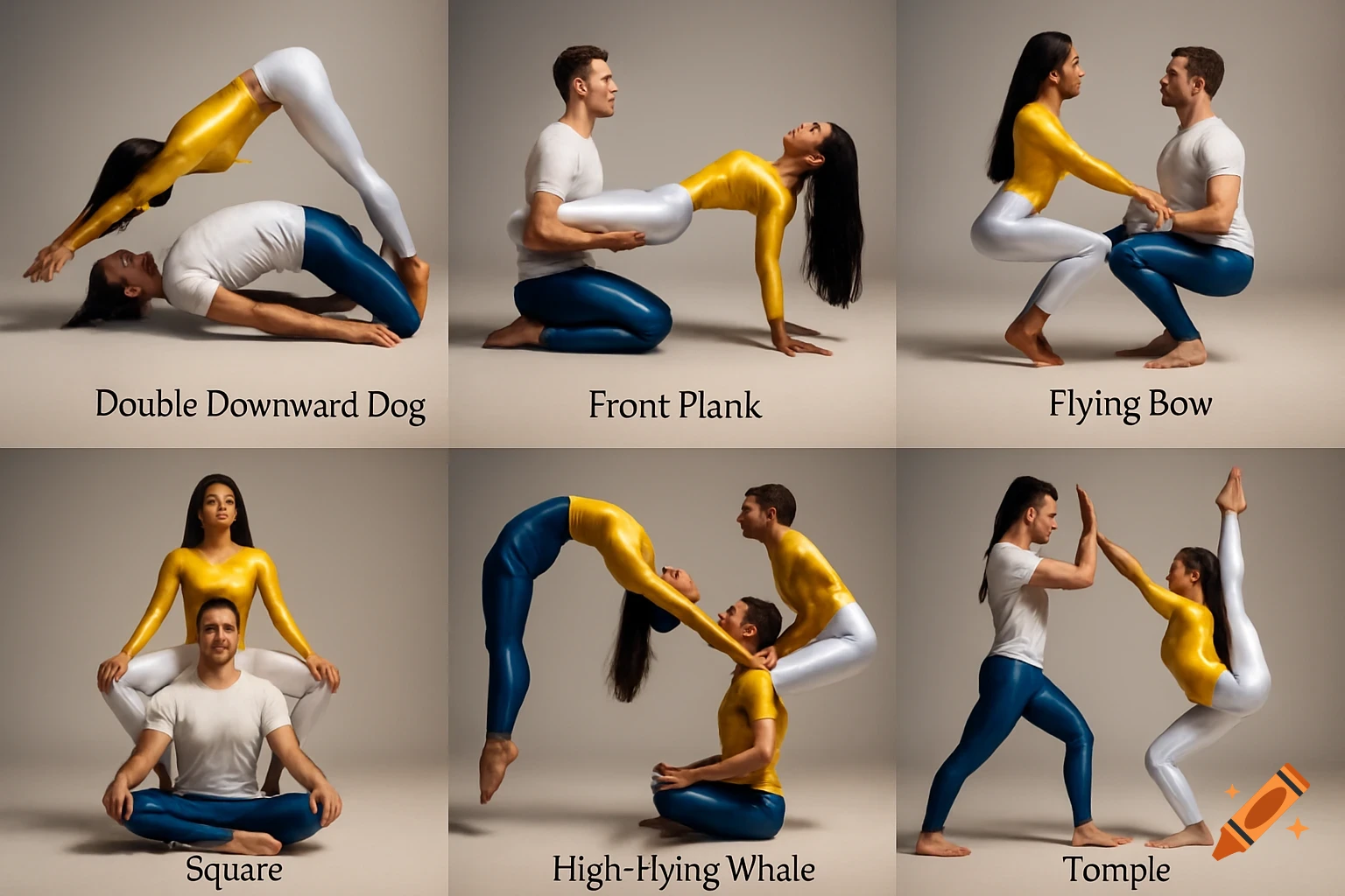 Six panels showcasing a man and a woman in various partner yoga and acrobatic poses. They wear yellow, white, and blue athletic attire.