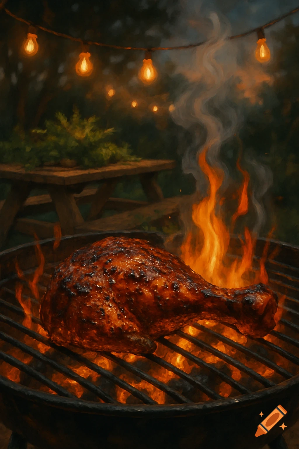 A close-up of a chicken leg grilling over open flames on a charcoal BBQ, with string lights and greenery in the dark background, in a painterly style.
