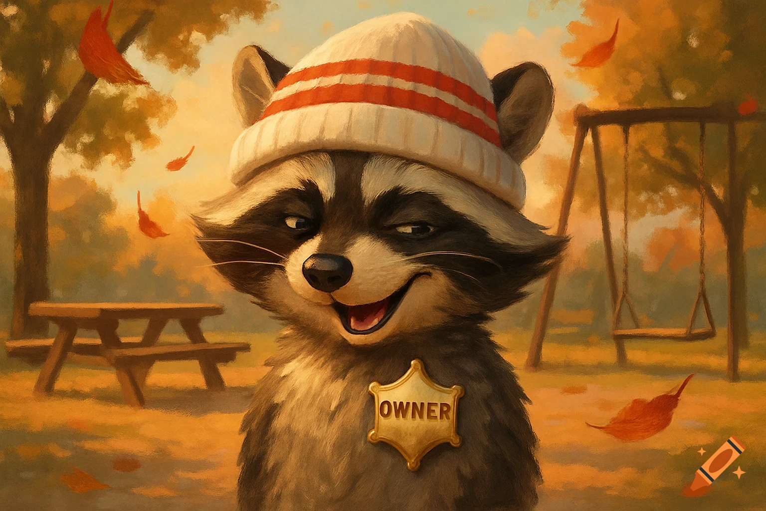 A smiling cartoon raccoon wearing a white beanie with red stripes and an 'OWNER' badge in an autumnal park setting with falling leaves.