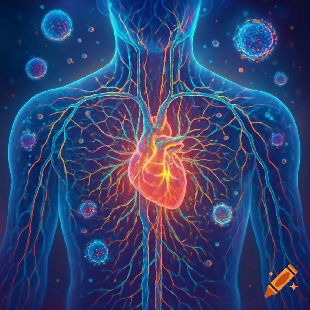 Stylized illustration of a human torso with a glowing heart and circulatory system, surrounded by floating cellular structures.