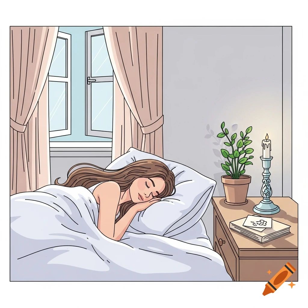 A brown-haired lady peacefully sleeps in bed in a vector-style bedroom with an open window, curtains, and a nightstand.