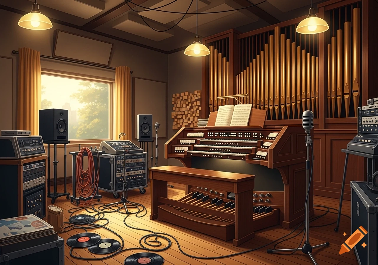 A vintage-style music production studio with a large wooden pipe organ, recording equipment, speakers, and vinyl records on a wooden floor.