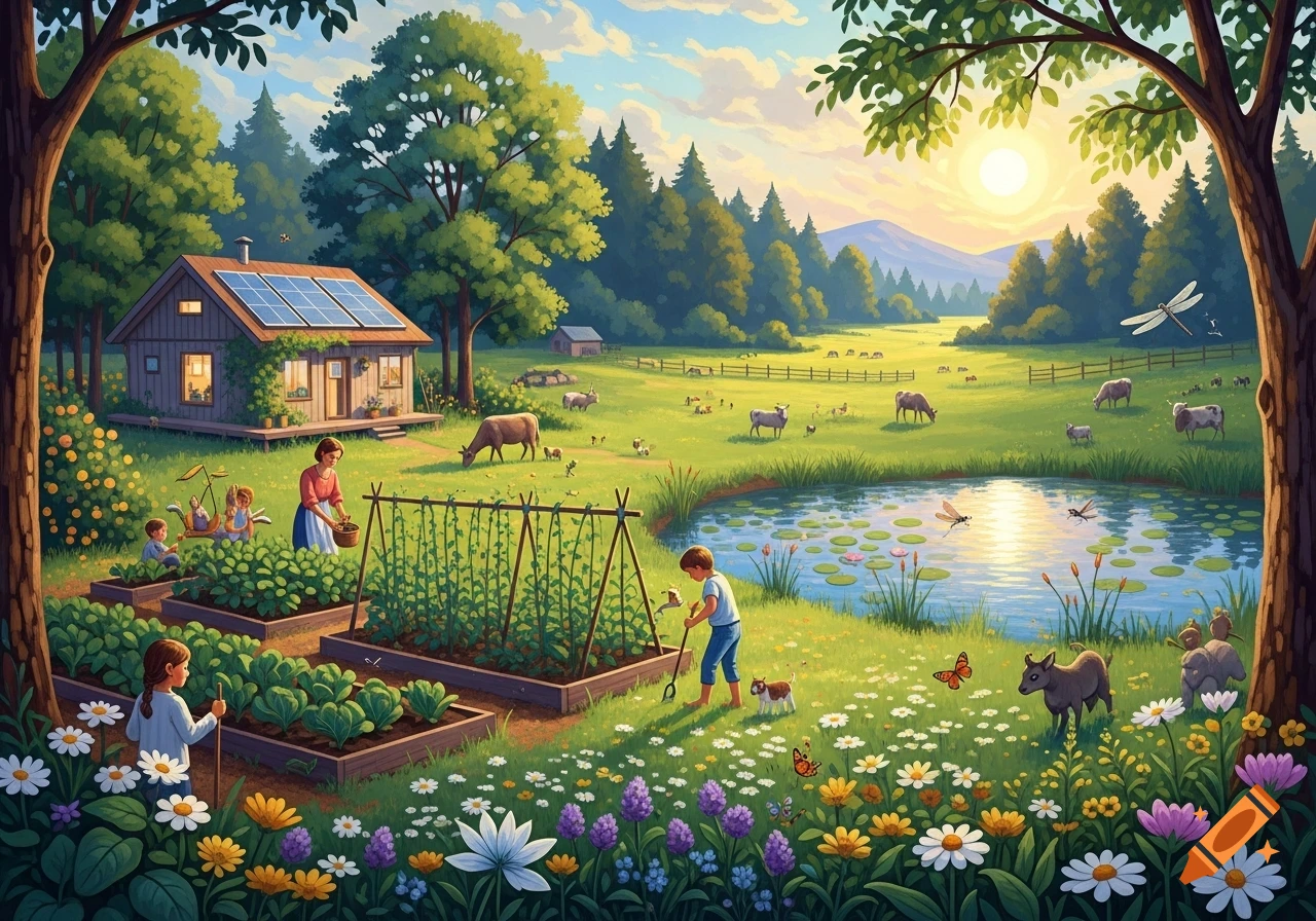 A vibrant illustration of a family gardening near a cabin with solar panels, surrounded by a lush field, pond, and various animals under a sunny sky.