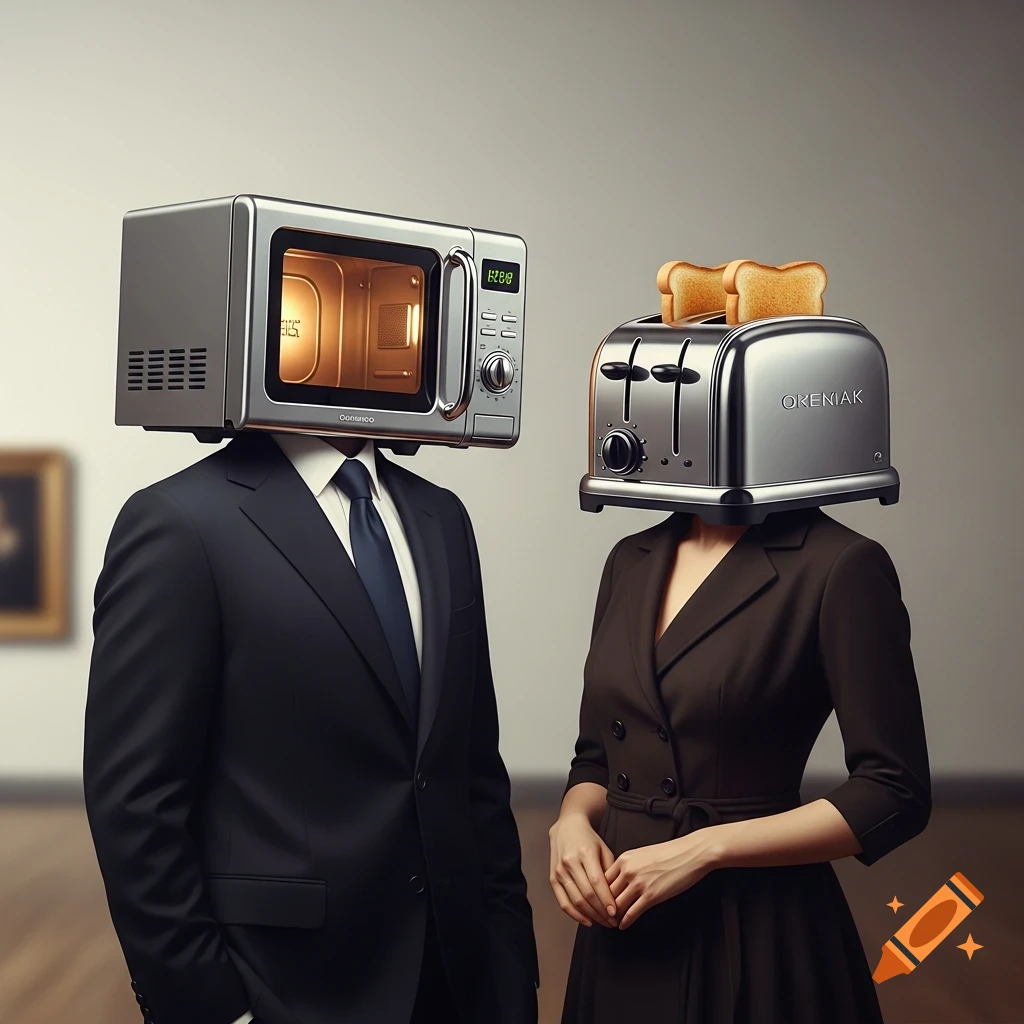 A photorealistic image of a man with a microwave for a head and a woman with a toaster for a head, standing in a gallery.
