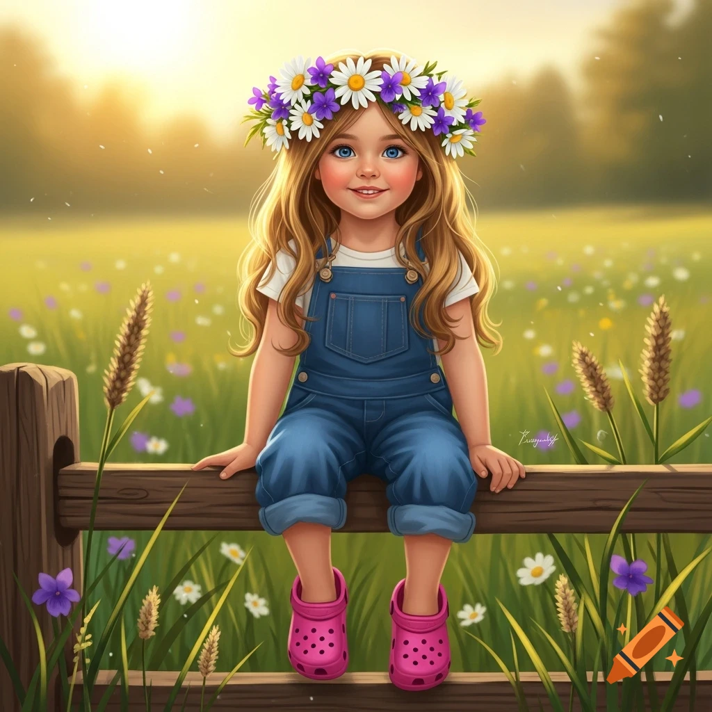 A digitally illustrated young girl with a flower crown, blue eyes, and blue overalls, sitting on a fence in a sunny field.