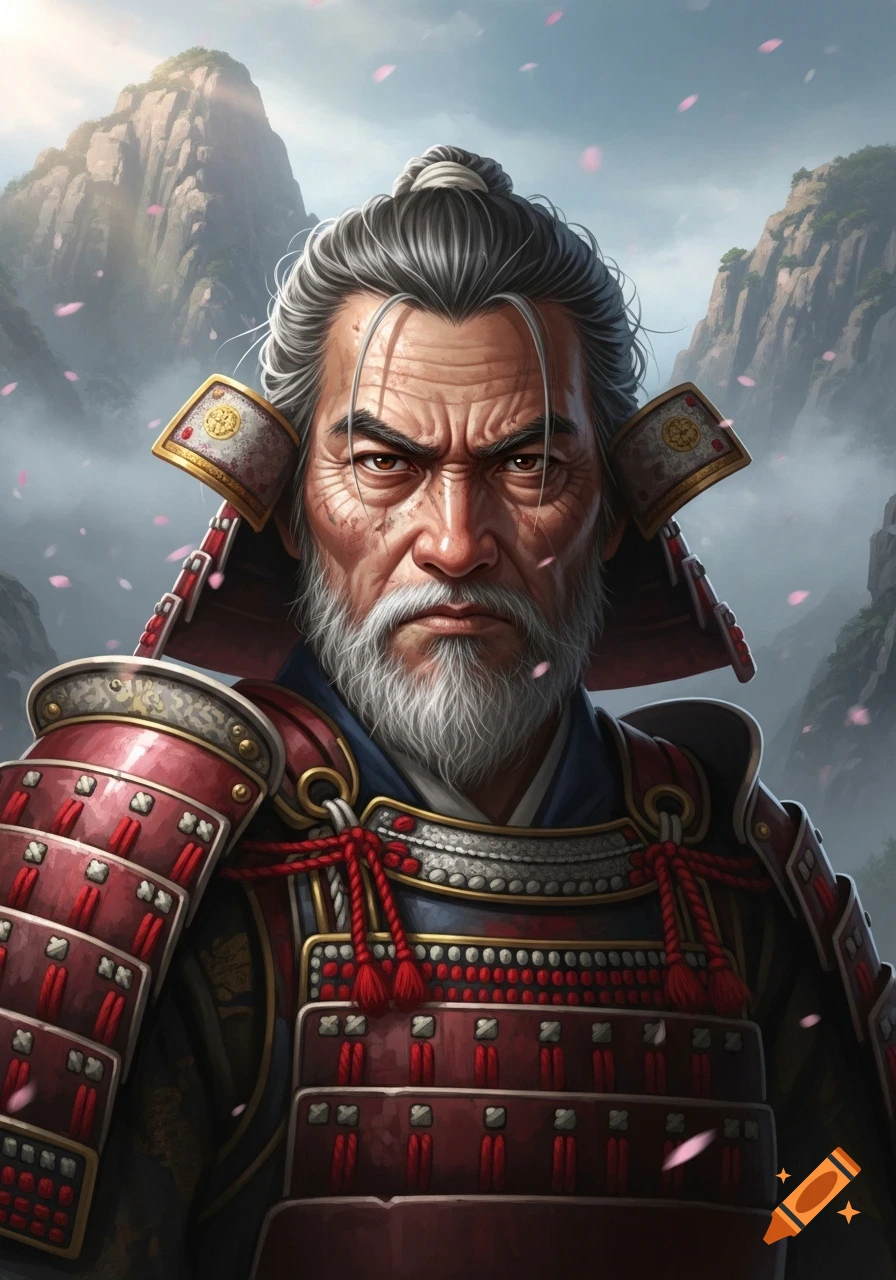A stern, elderly Japanese samurai with a white beard and topknot, wearing detailed red armor, against a backdrop of mountains and pink petals.