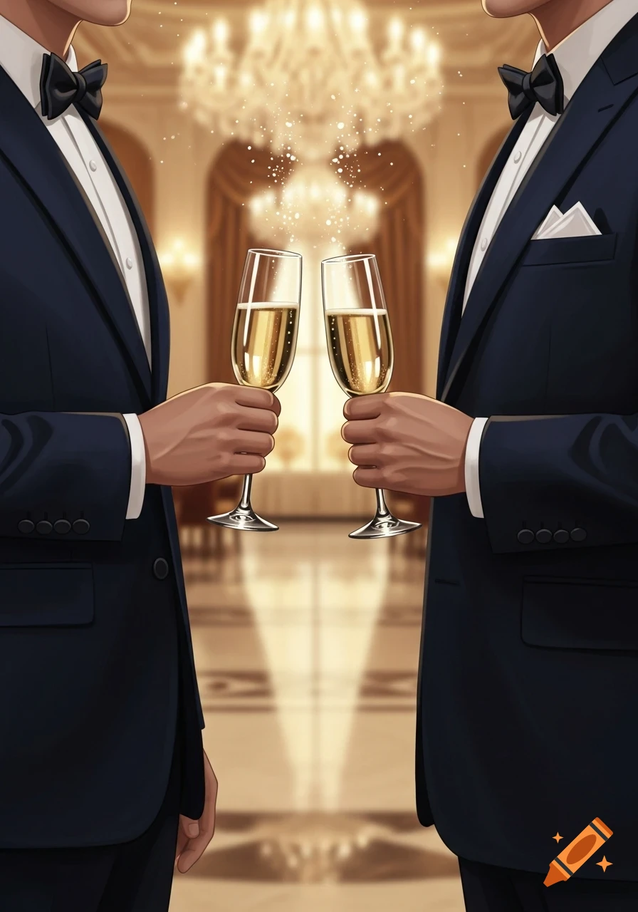 Two people in tuxedos clinking champagne glasses in a grand ballroom, digital art style.