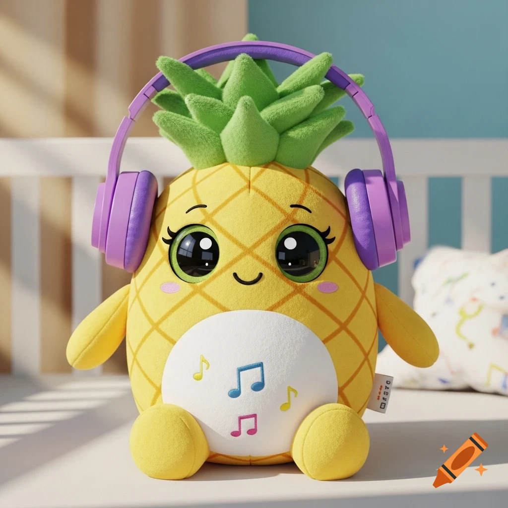 A cute pineapple plush toy with big green eyes, a smile, purple headphones, and musical notes on its white belly, sitting in a crib.