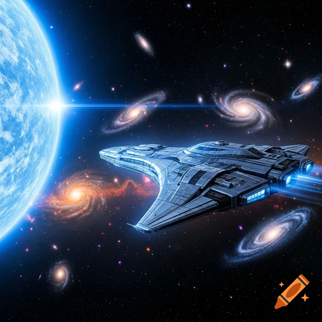 A futuristic spaceship travels through deep space past a large blue planet, surrounded by bright stars and multiple spiral galaxies.