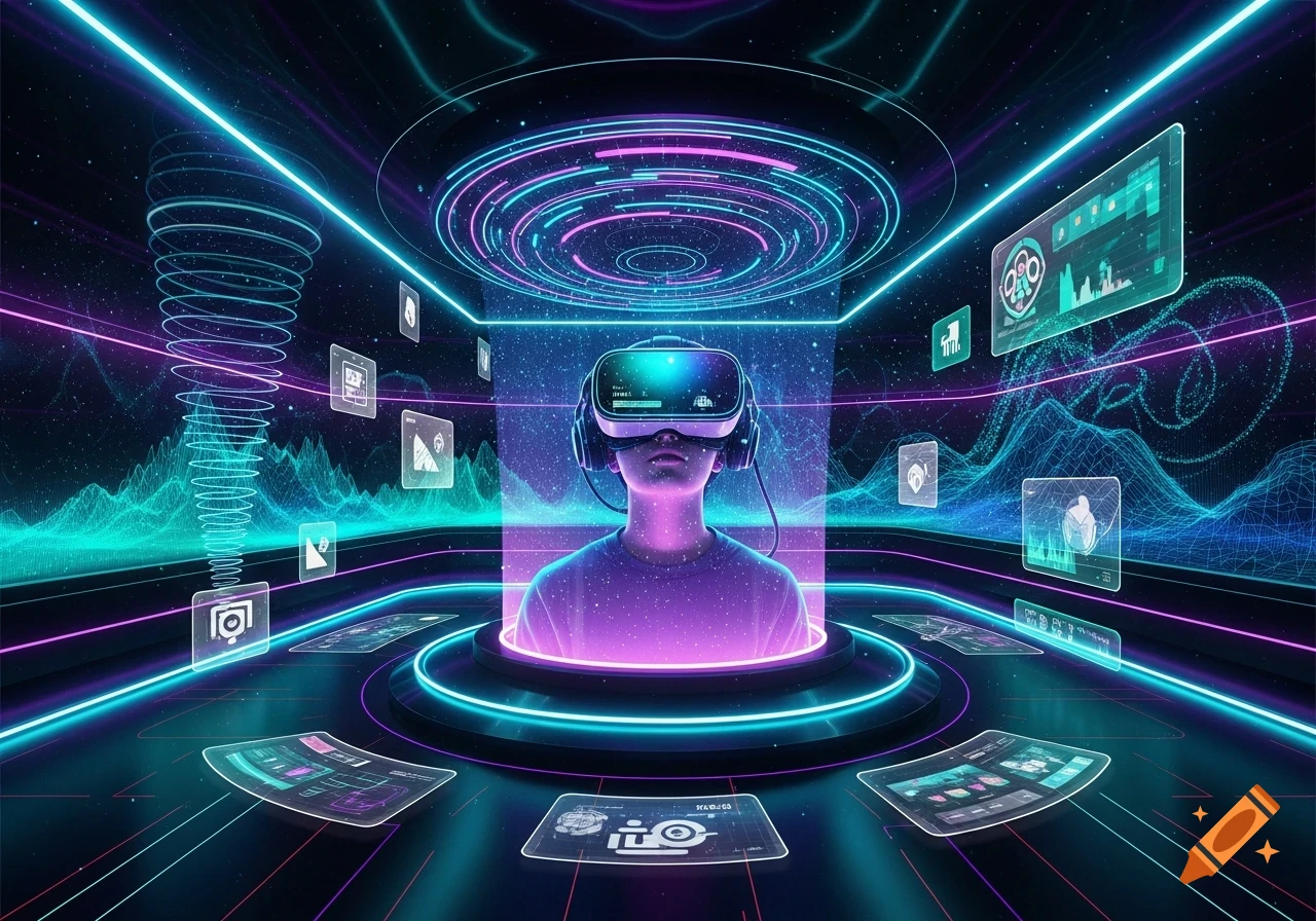 A person wearing a VR headset is immersed in a neon-lit futuristic virtual reality environment with glowing data interfaces.