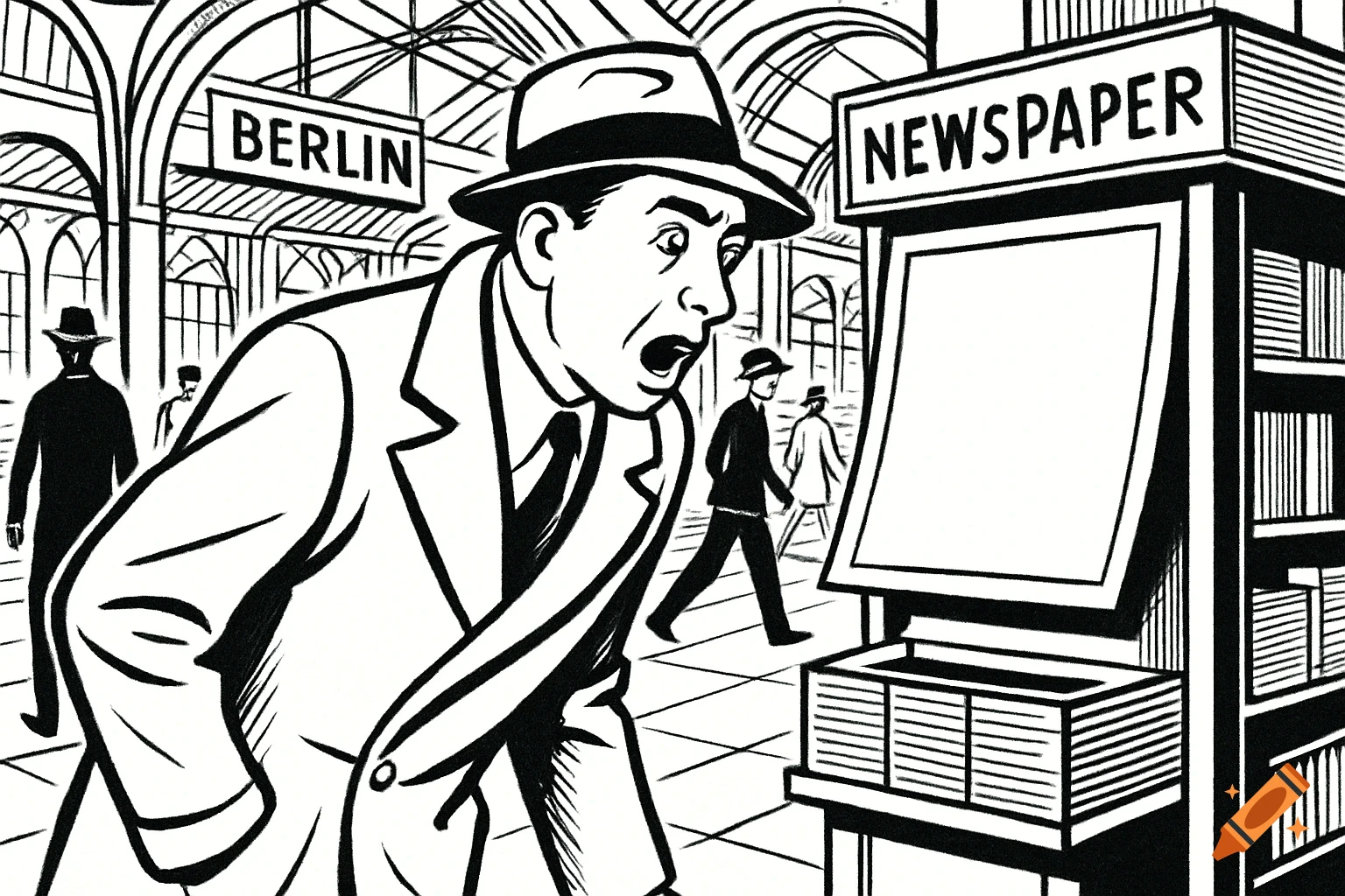 A man in a hat looks shocked at a blank newspaper display at a 1930s-style train station, rendered in black and white comic art.
