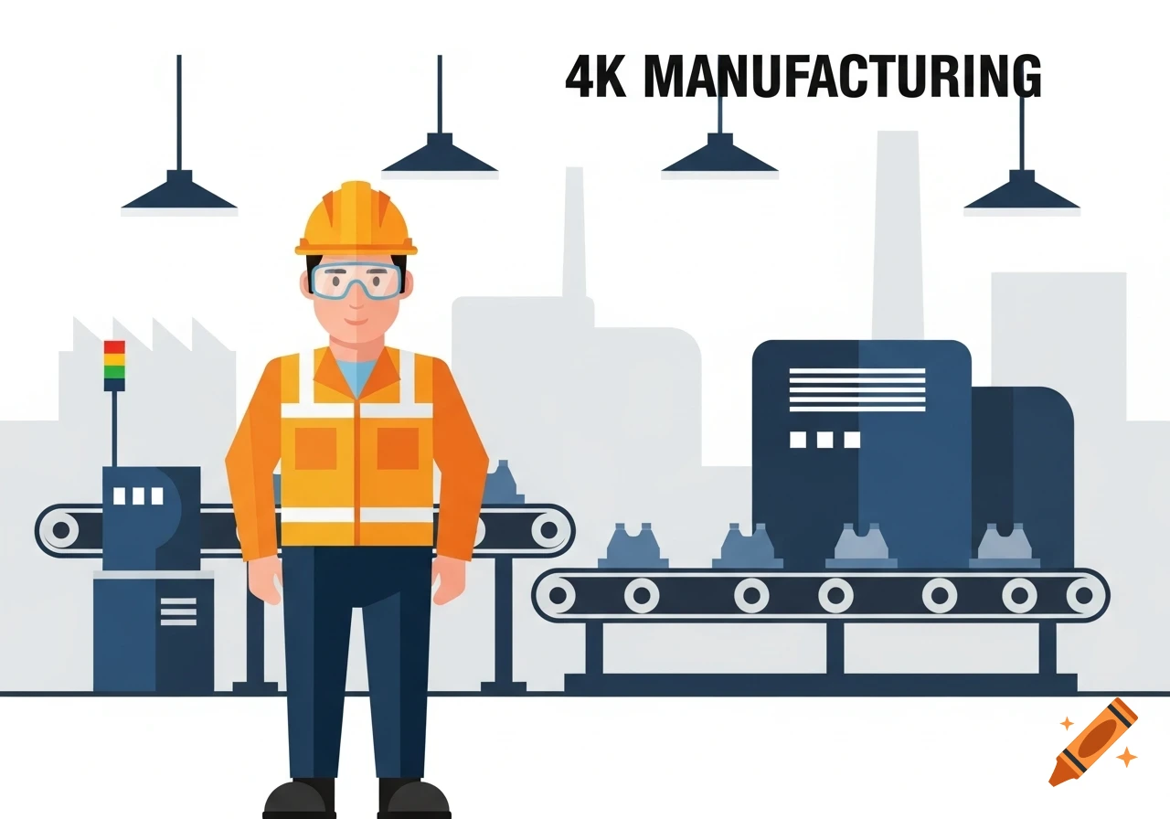 An illustration of a worker in an orange vest and hard hat standing in a factory with conveyor belts and text '4K MANUFACTURING'.