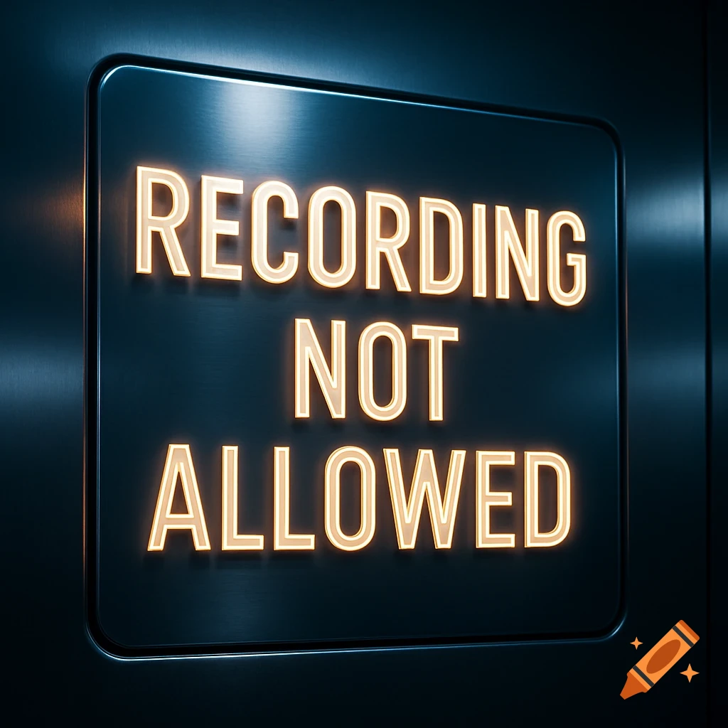 A glowing metallic sign in a dark setting reads 'RECORDING NOT ALLOWED' in bold, capital letters.