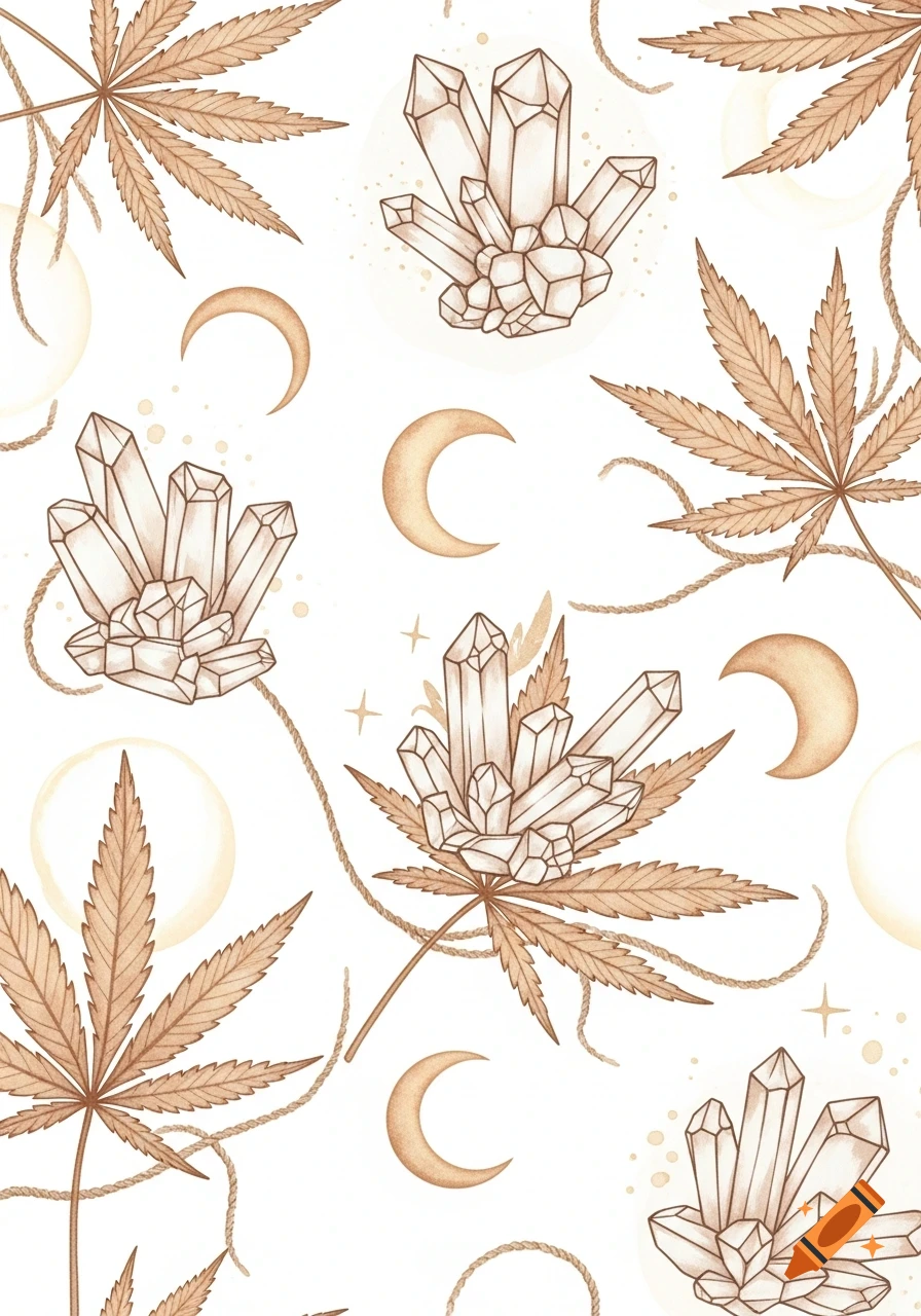 Boho watercolor pattern with cannabis leaves, crystals, and crescent moons in warm earthy tones.